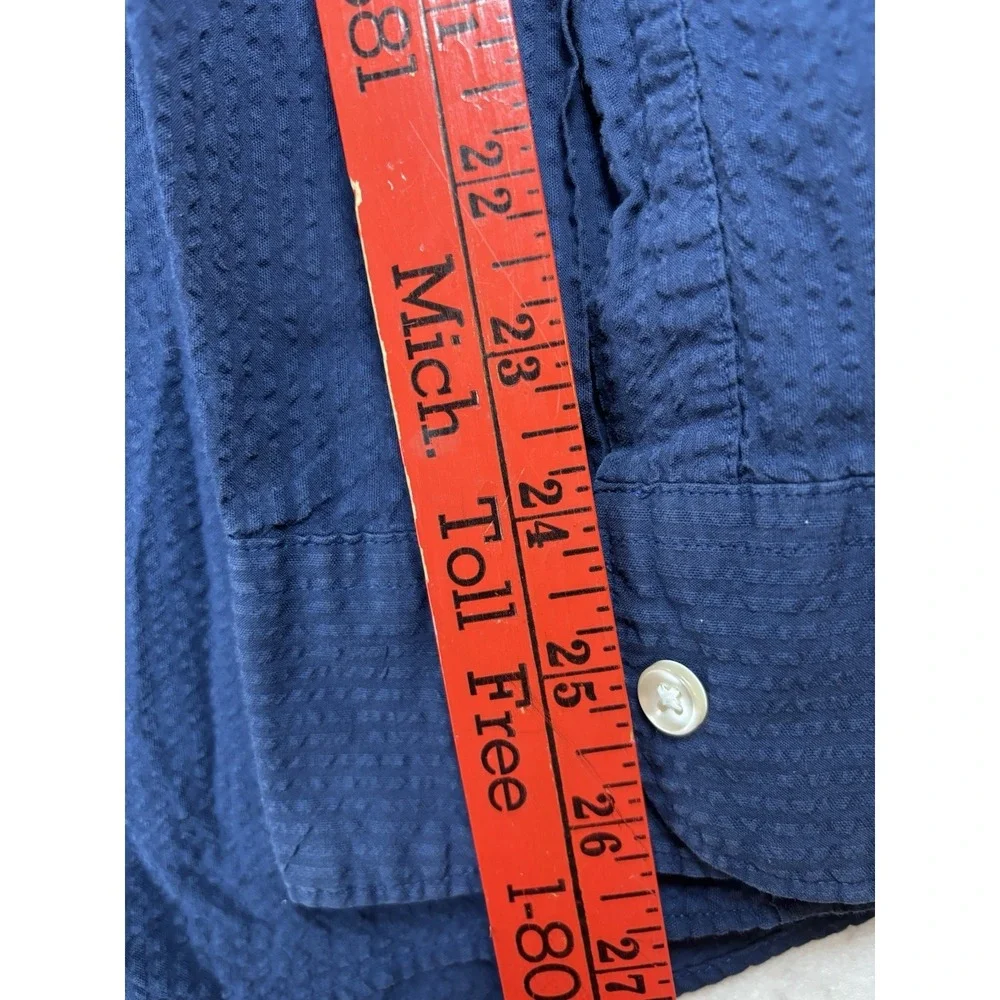 Charles Tyrwhitt Men's 18/37 Button Down L/Sl Shirt Navy Slim Fit Seer Sucker